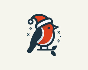 Christmas Robin Bird Santa Claus Cap Logo Design Icon Vector Illustration. Merry Christmas