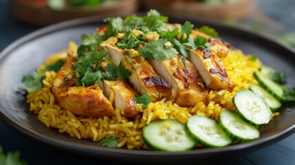 Grilled Chicken with Yellow Rice and Fresh Cucumber Slices