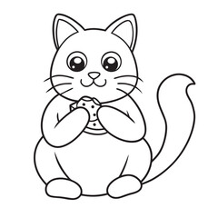 Adorable Cat Eating a Cookie Illustration in Black and White for Kids' Coloring Pages