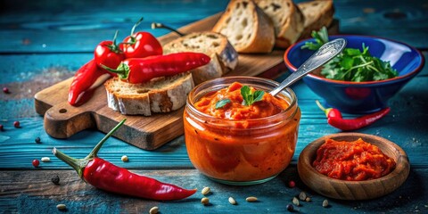 Low Light Photography: Ajvar & Pepper Mousse Jar, Bread, Blue Spoon - Delicious Recipe