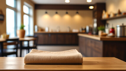 Empty room table decorated with beige towel food advertisement display. Table with advertisement place. Blurred kitchen background. Food promotion background.
