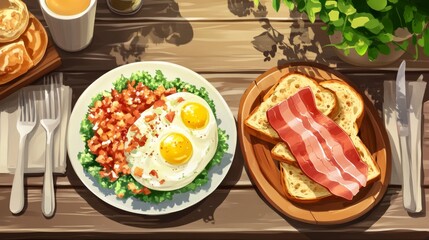 Delicious Breakfast Table with Eggs, Bacon, Toast, and Salad