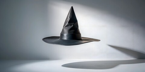 Fototapeta premium Floating black witch hat casting shadows in a minimalist setting