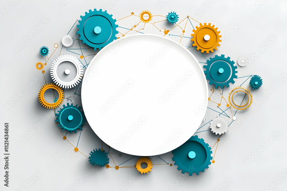 Poster abstract gear mechanism design; interconnected cogs with central circular space; ideal for technolog