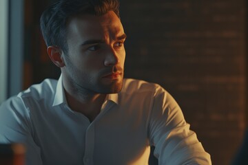 Fototapeta premium A male candidate answering questions in an interview with visible anxiety, showing stress in a well-lit office room.