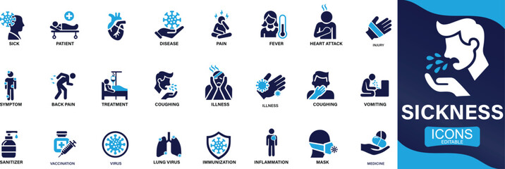  Sickness icon set. fever, patient, sick, illness, infection, symptom, injury, icon You can easily change the color.