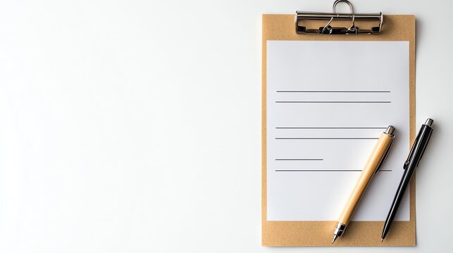 A clipboard with a blank checklist and a pen and pencil on a white background.