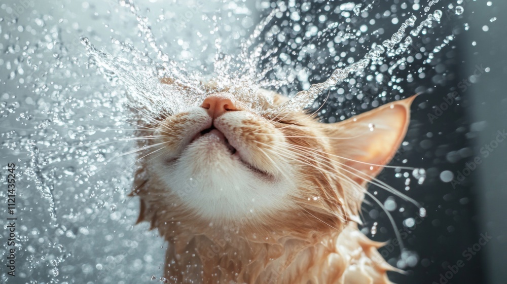 Poster playful cat enjoying a splash of water with joyful expression