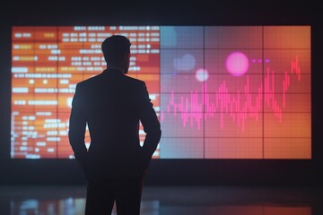 A male manager evaluates the performance of his team using a large digital screen displaying key performance indicators and revenue growth.