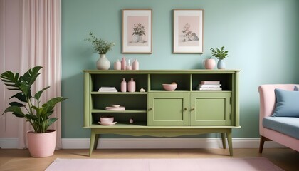 Wood sideboard in green living room with copy space