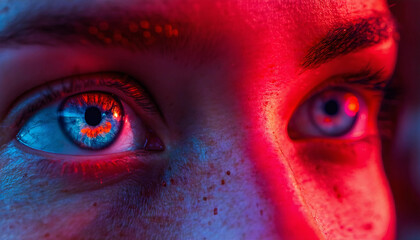 Naklejka premium Intense close up of eyes with vibrant red and blue lighting effects