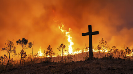 cross silhouetted against fiery sky caused by wild forest fire, symbolizing hope amidst destruction. intense flames illuminate dark landscape, creating dramatic scene