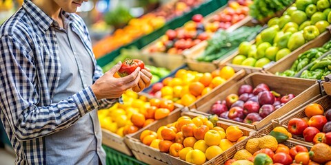 Exploring fresh produce at a vibrant market in the morning with colorful fruits and vegetables on display