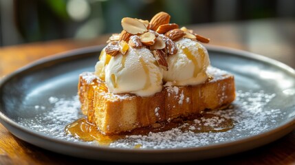 Deliciously Toasted Bread with Ice Cream and Almonds Drizzled in Honey