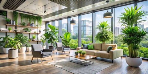 Fototapeta premium Modern Bright Room Interior with Lush Plants - Perfect for Home Decor, Interior Design Inspiration, and Greenery Aesthetics