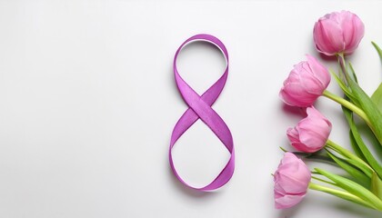 Fototapeta premium Celebrate International Women’s Day on 8 March with a Spring Inspired Design Featuring a Purple Awareness Ribbon and Pink Tulips on White Background. Perfect for Events, Campaigns, and Social Media