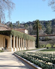 Obraz premium Charming Historic Architecture Surrounded by Lush Gardens and Flowers