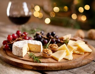 Fototapeta premium Gourmet Holiday Cheese Boards Captured in Rustic Food Photography Themes