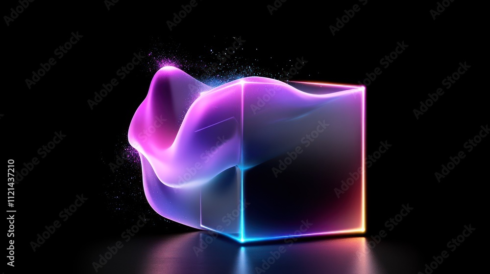 Poster abstract glowing cube with flowing light effects on a dark background.
