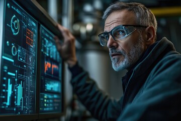 A mature man in a weather forecasting lab, using a complex electronic instrument to measure weather conditions, while communicating the forecast to others.