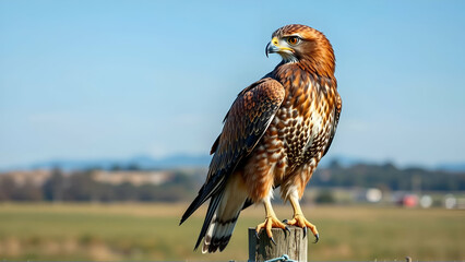 Beautiful Red-Tailed Hawk Perched On A Fence Post