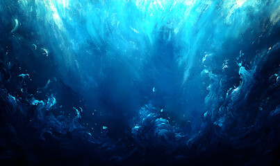Obraz premium Abstract ocean painting, deep blue hues, swirling textures, underwater fantasy, vibrant color palette, artistic expression, digital art.