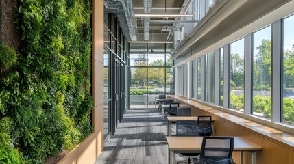 an office building designed with energy-efficient features like smart windows, green walls, and natural ventilation. 