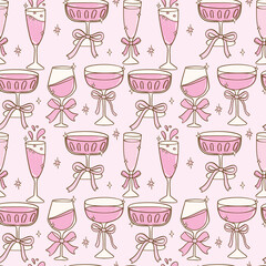 Party Seamless Pattern Coquette Retro Pink Drinks Celebration Hand Drawn Doodle