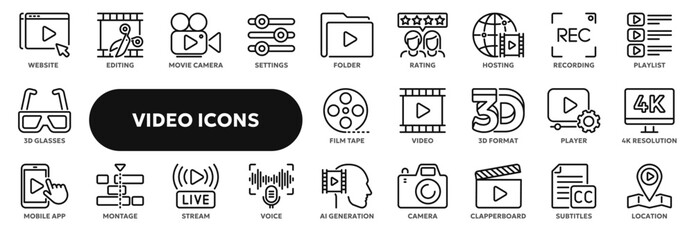 Set of vector line icons related to video recording, movie industry, internet live streaming. Symbols for website or app ui, logo design, illustration