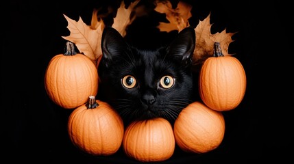 Spooky Season: Black Cat Amidst Pumpkins