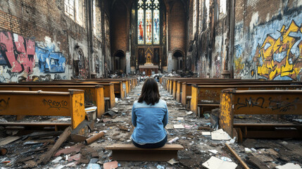 woman praying alone in vandalized church, surrounded by graffiti and debris, reflects on her solitude and faith in decaying environment