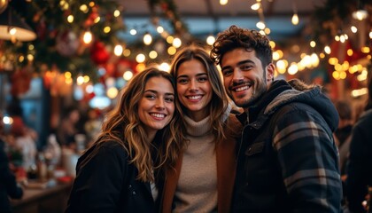Fototapeta premium Joyful Friends Celebrating in a Festive Cafe Urban Setting Lifestyle Photography Evening Vibe