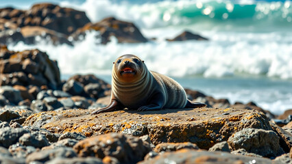 A Playful Baby Seal Resting On A Rocky Shore