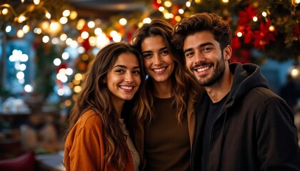 Fototapeta premium Joyful Gathering of Friends Celebrating Together in a Festive Urban Cafe at Night