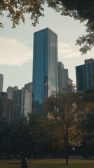 Obraz premium Towering Skyscrapers Among Autumn Foliage in City Park