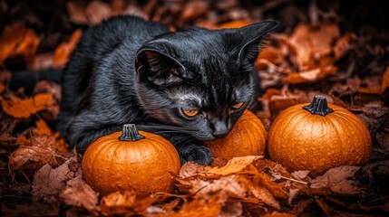 Black Cat Among Pumpkins and Autumn Leaves
