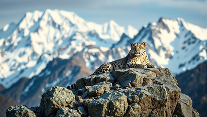 Solitary Snow Leopard Resting On A Rocky Outcrop