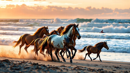 Family Of Wild Horses Galloping Across A Sandy Beach