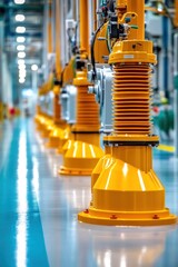 Fototapeta premium Close-up of industrial machinery with yellow components in a modern factory setting, showcasing technology and engineering.