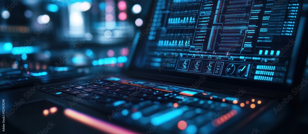 Poster a close-up view of a futuristic laptop with glowing blue and red lights on the keyboard and screen, 