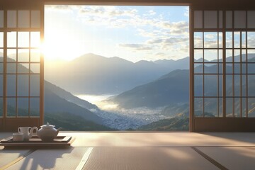 Serene Mountain View Through Japanese Sliding Doors at Sunrise