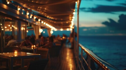 A dimly lit, cozy deck aboard a cruise ship overlooks an ocean sunset, with diners enjoying the ambiance of string lights and gentle waves.