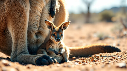 Curious Baby Kangaroo Peeking Out From Its Mother's Pouch