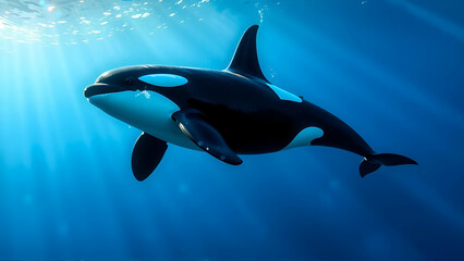 Striking Orca Swimming Gracefully Through The Deep Blue Ocean