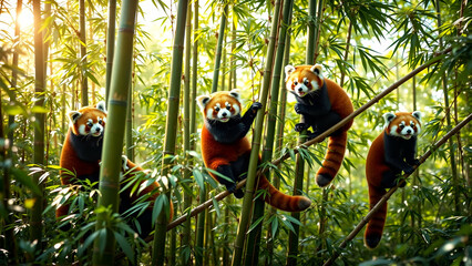 Playful Group Of Red Pandas Climbing In The Trees