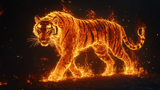 A tiger wrapped in flames moves in a dark room