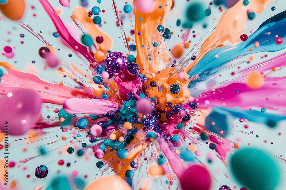 Poster an abstract explosion of tiny particles in vibrant shades, frozen mid-burst