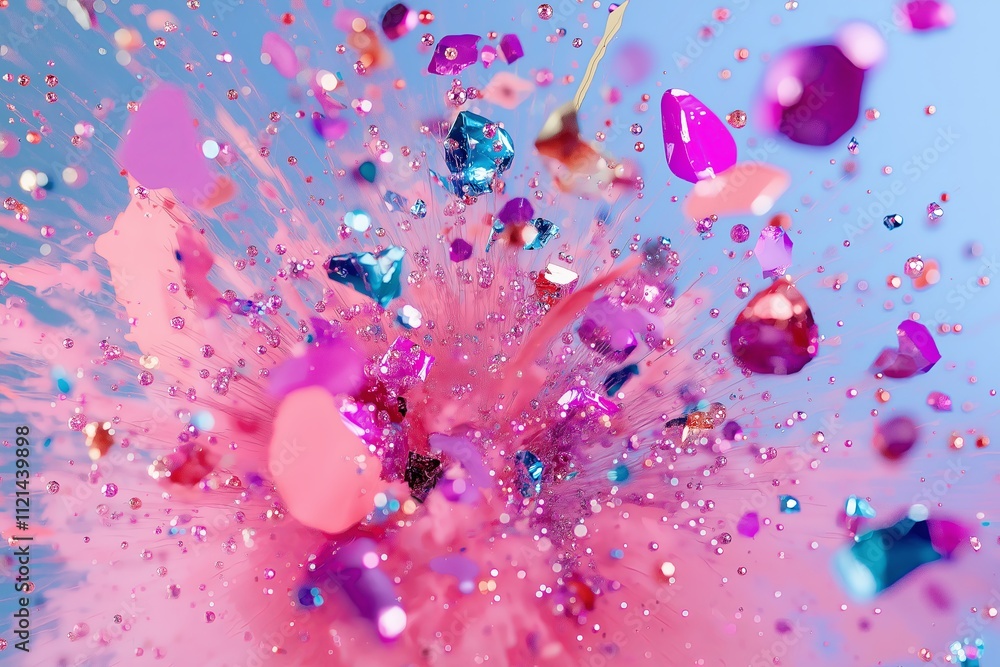 Poster an abstract explosion of tiny particles in vibrant shades, frozen mid-burst