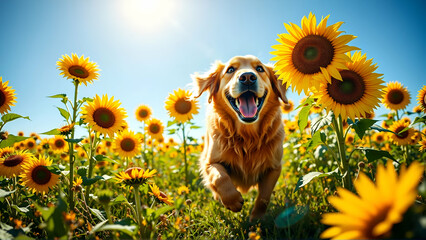 Beautiful Golden Retriever Running Through A Field Of Sunflowers