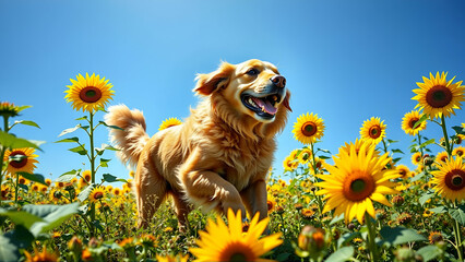 Beautiful Golden Retriever Running Through A Field Of Sunflowers